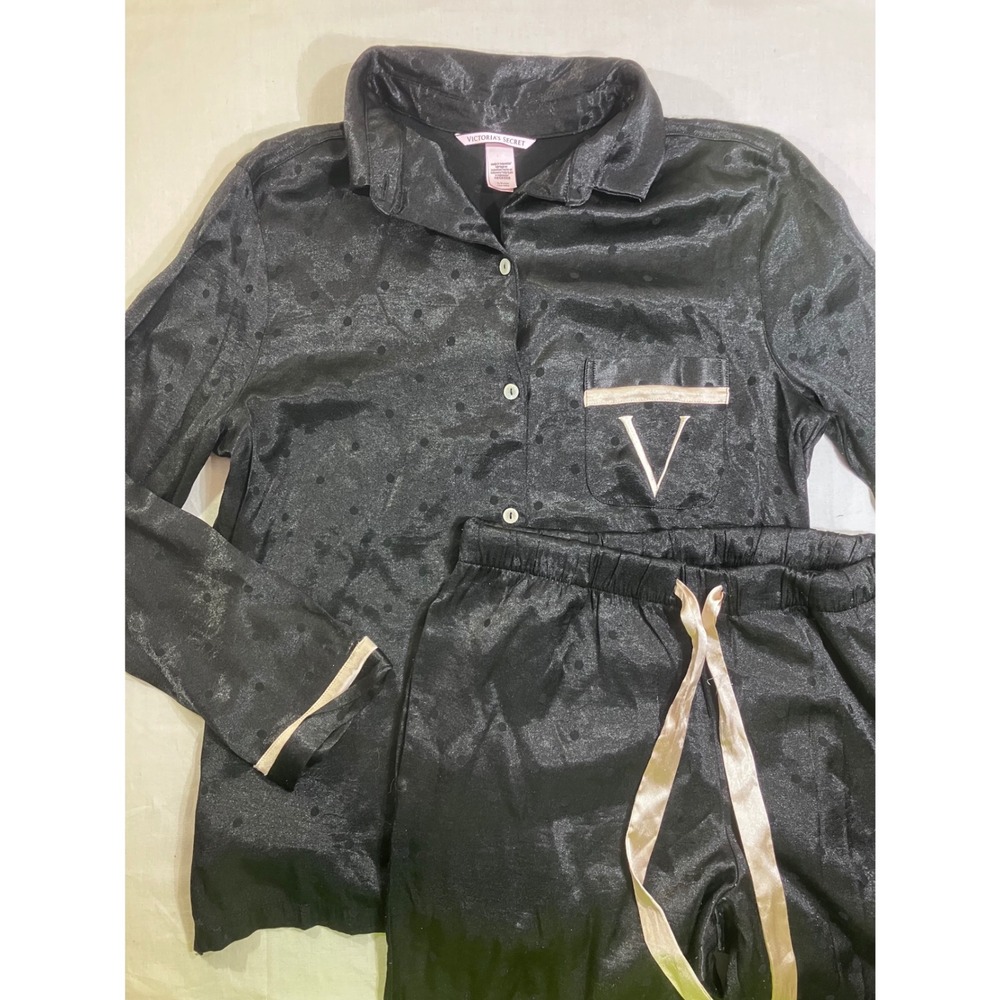 Victorias Secret Black Polka Dot Satin Pajama Set Long Sleeve Button Down‎ Small